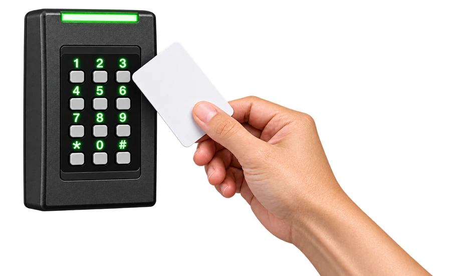 A hand holding a key card up to a keypad reader