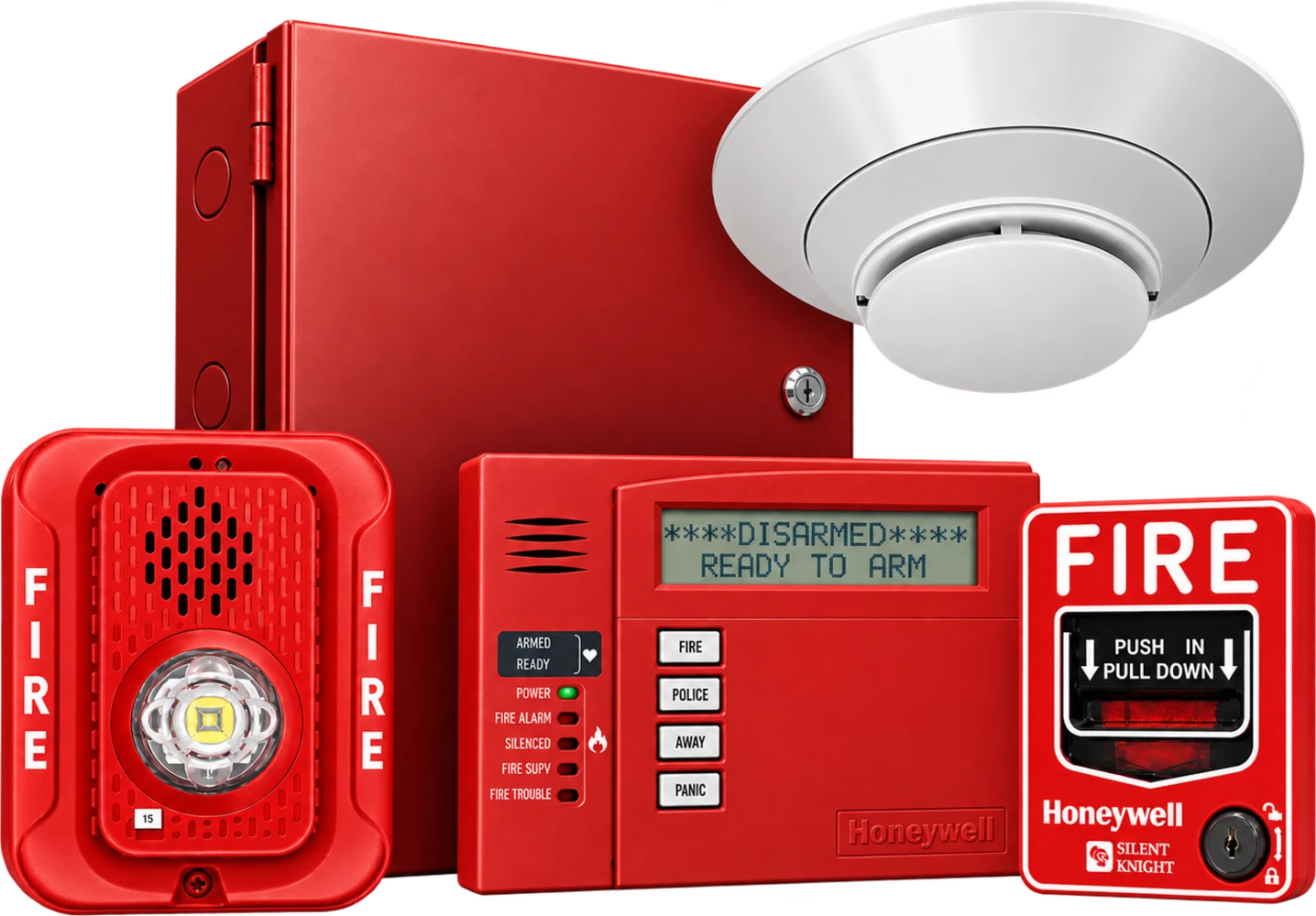 A Honeywell fire alarm system: control panel, keypad, smoke detector, horn strobe, and pull station