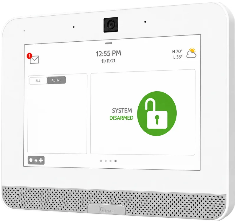 A wall-mounted alarm panel showing the system disarmed